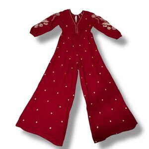 Free People Embroidered Jumpsuit S Red White Boho Festival Wide Leg
